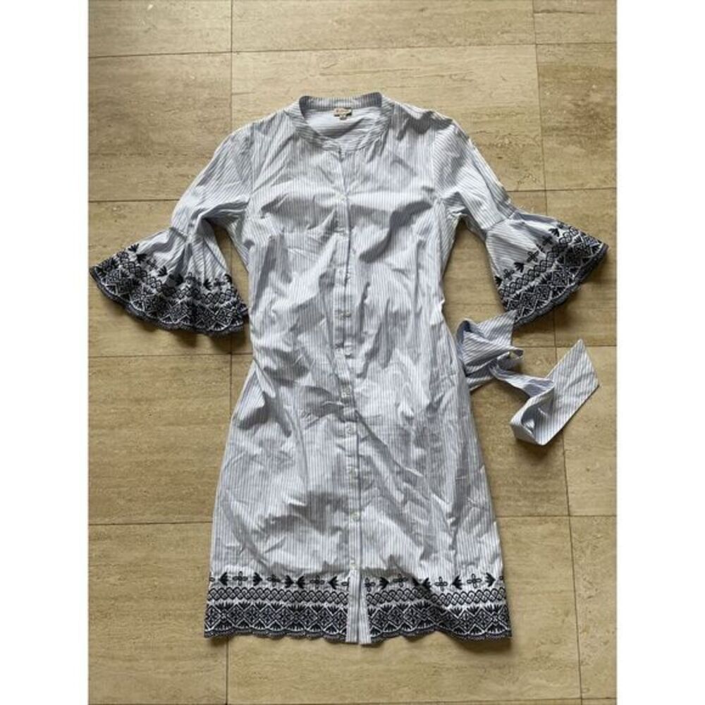 Daniel Cremieux Button Down Shirt Dress Womens Size 6 Bell Sleeves Embroidered
